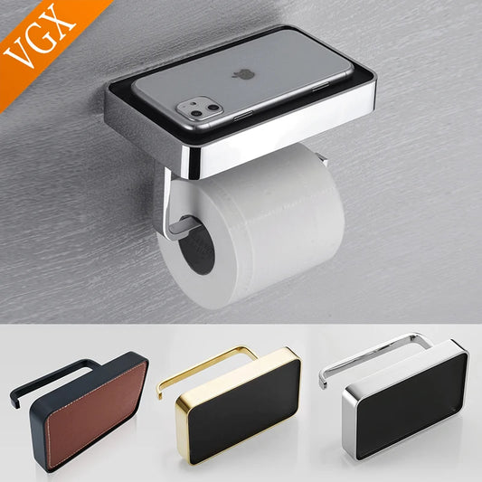 "Modern Wall-Mounted Toilet Paper Holder with Phone Shelf - Luxury Golden Black Chrome Finish"